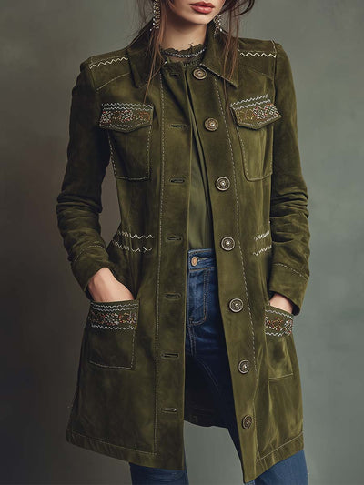 Olive Green Embroidered Suede Longline Coat