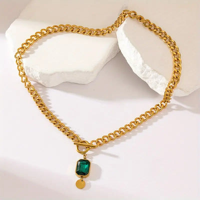 Chunky Chain Emerald Gold  Pendant Necklace