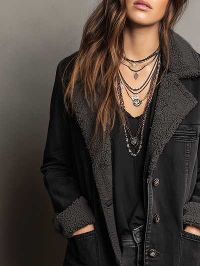 Retro Pocket Faux Sherpa Lined Denim Coat