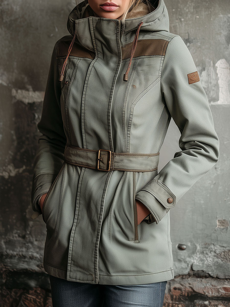 Utility Hooded Belted Parka Coat With Contrast Panels