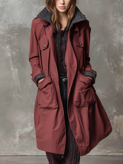 Retro Plaid Collar Multi-pocket Cargo Coat