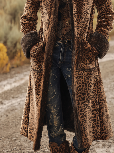 Vintage Fur Collar Leopard Print Velvet Coat
