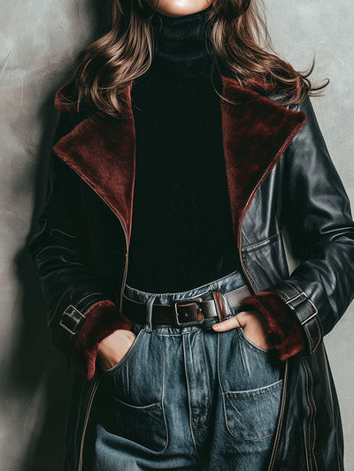 Retro Black Eco Leather & Burgundy Shearling Lining Coat With Buckle Cuffs