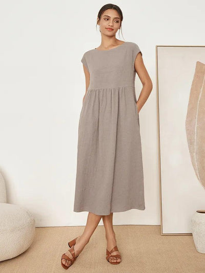 100% Linen Cap Sleeve Washed Maxi Dress JOAN