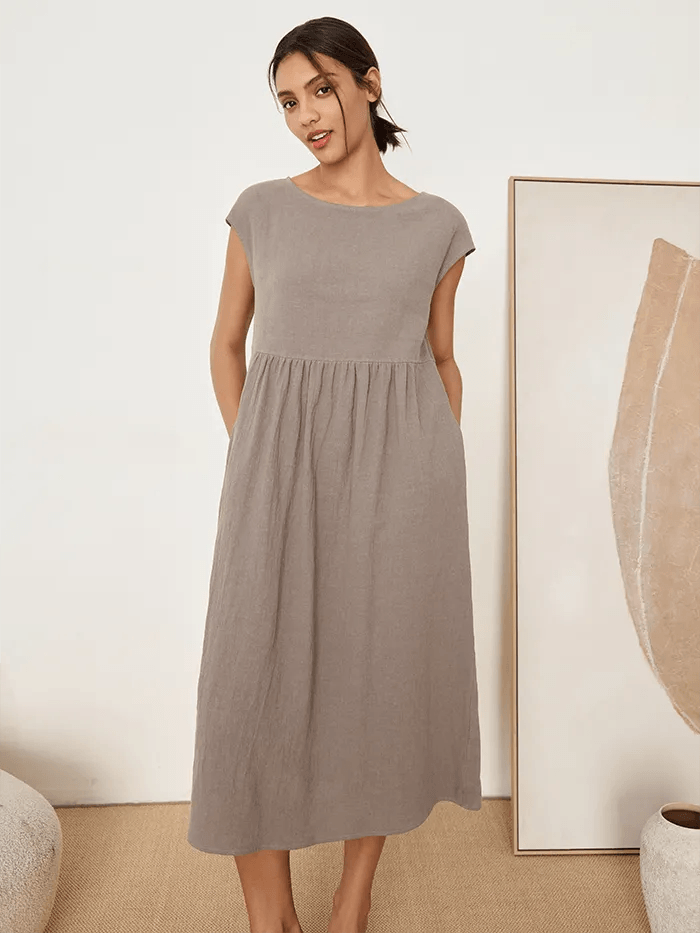 100% Linen Cap Sleeve Washed Maxi Dress JOAN