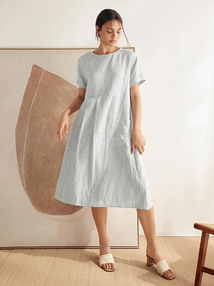 100% Linen Pinstripe Paneled Short-Sleeved Dress MORGAN