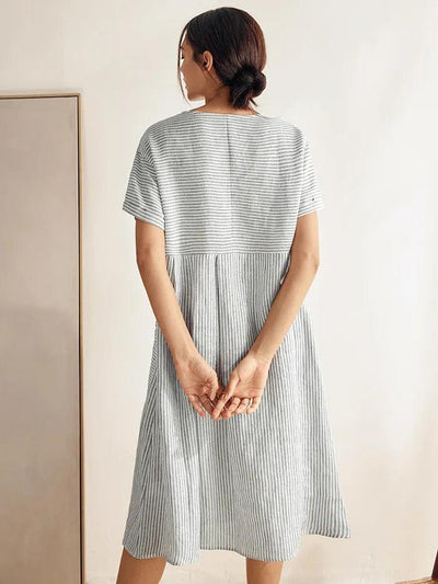 100% Linen Pinstripe Paneled Short-Sleeved Dress MORGAN