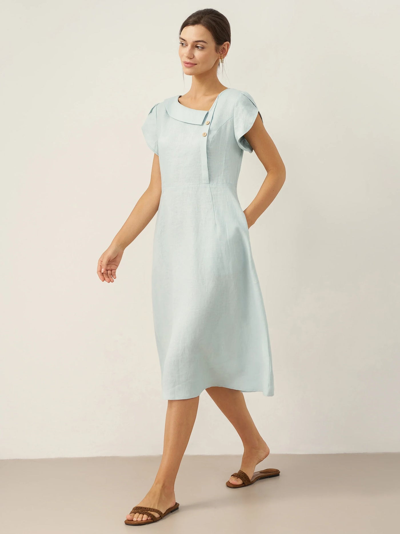 100% Linen Crescent Collar Flutter Sleeve Midi Dress FIONA