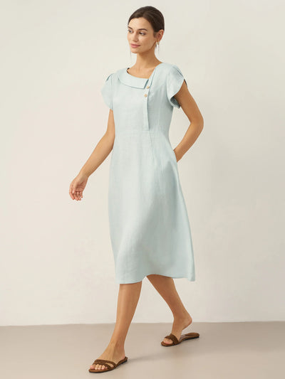 100% Linen Crescent Collar Flutter Sleeve Midi Dress FIONA
