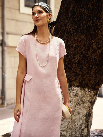 100% Linen Natural Summer V-Neck Dress ALEXA