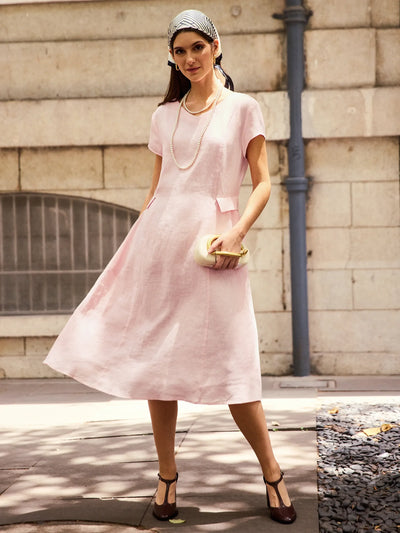 100% Linen Natural Summer V-Neck Dress ALEXA