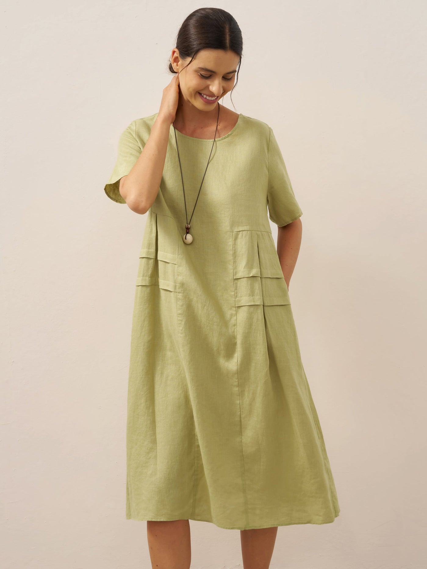 100% Linen Pleated Crew Neck Midi Dress MILA