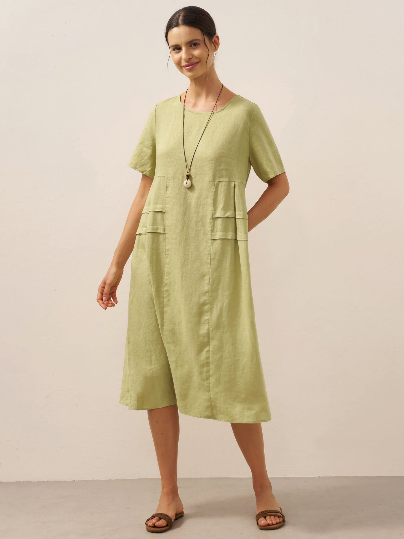 100% Linen Pleated Crew Neck Midi Dress MILA
