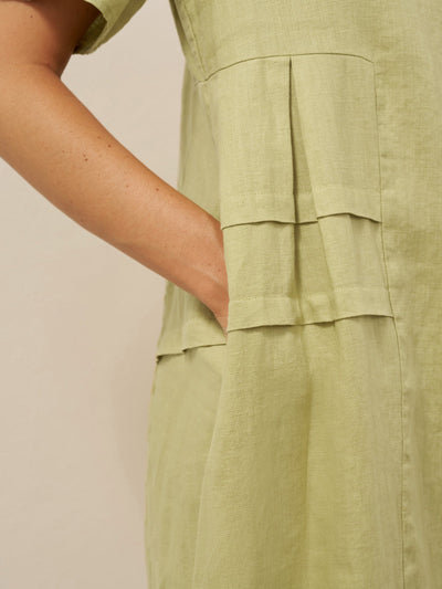 100% Linen Pleated Crew Neck Midi Dress MILA
