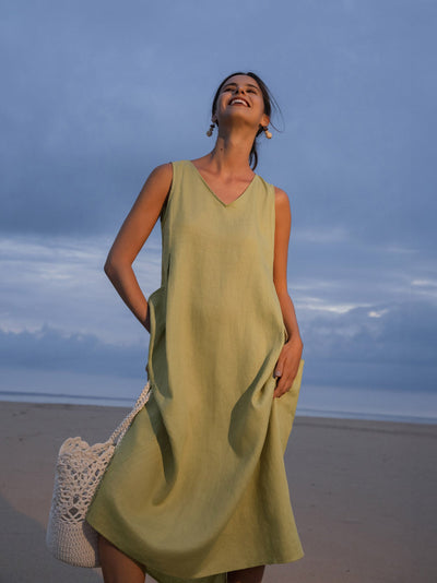 100% Linen Sleeveless A-Line Maxi Dress TARA