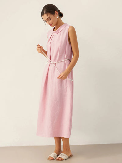 100% Linen Structured Collar Sleeveless Maxi Dress with Belt OPAL