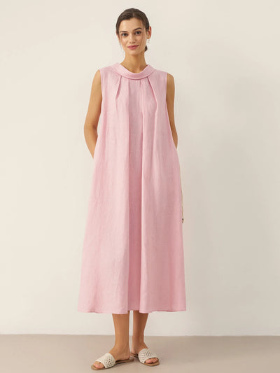 100% Linen Structured Collar Sleeveless Maxi Dress with Belt OPAL