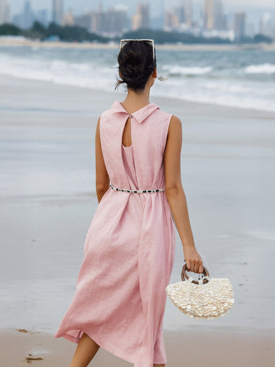 100% Linen Structured Collar Sleeveless Maxi Dress with Belt OPAL