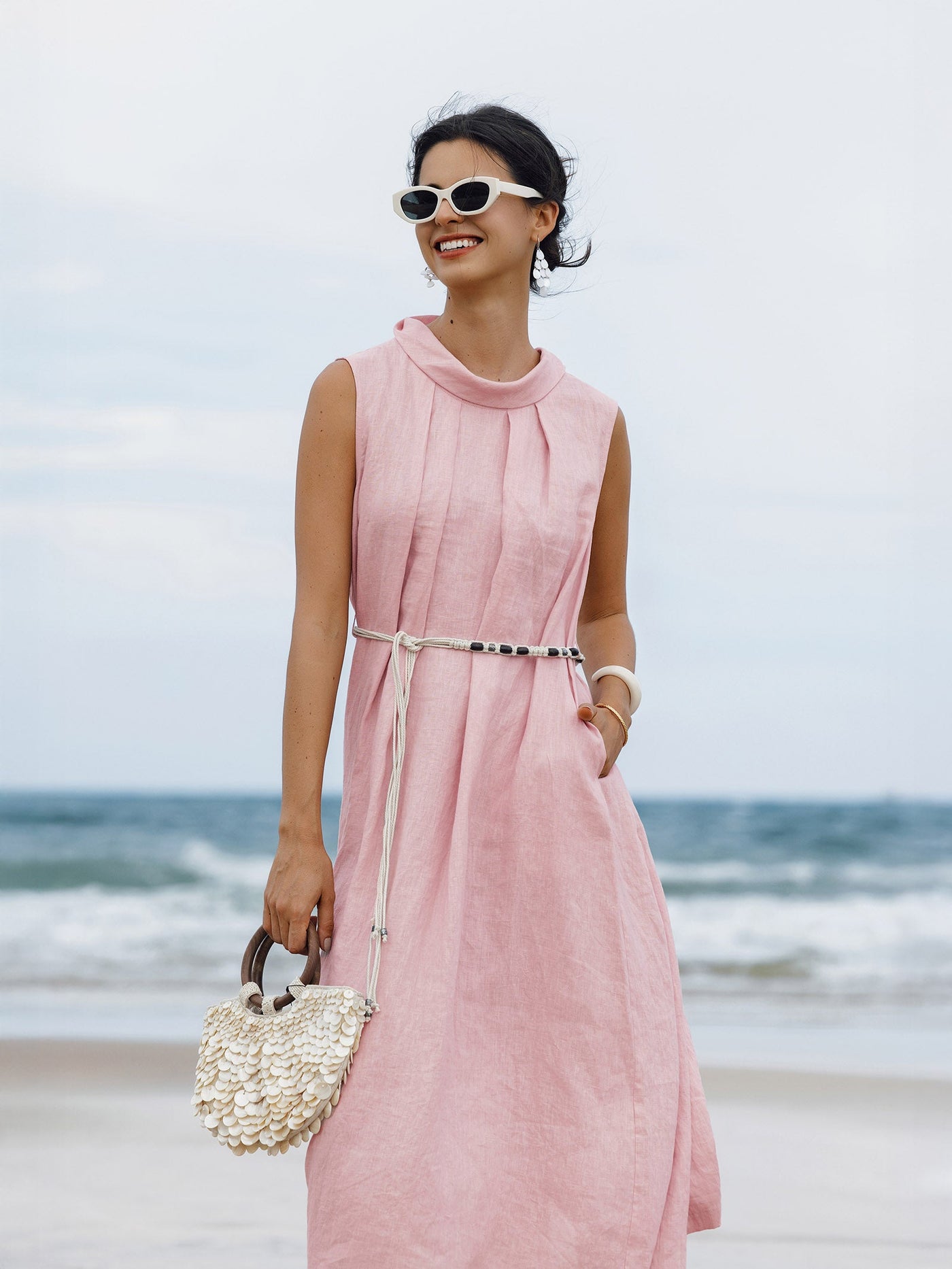 100% Linen Structured Collar Sleeveless Maxi Dress with Belt OPAL