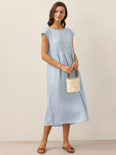 100% Linen Cap Sleeve Washed Maxi Dress JOAN