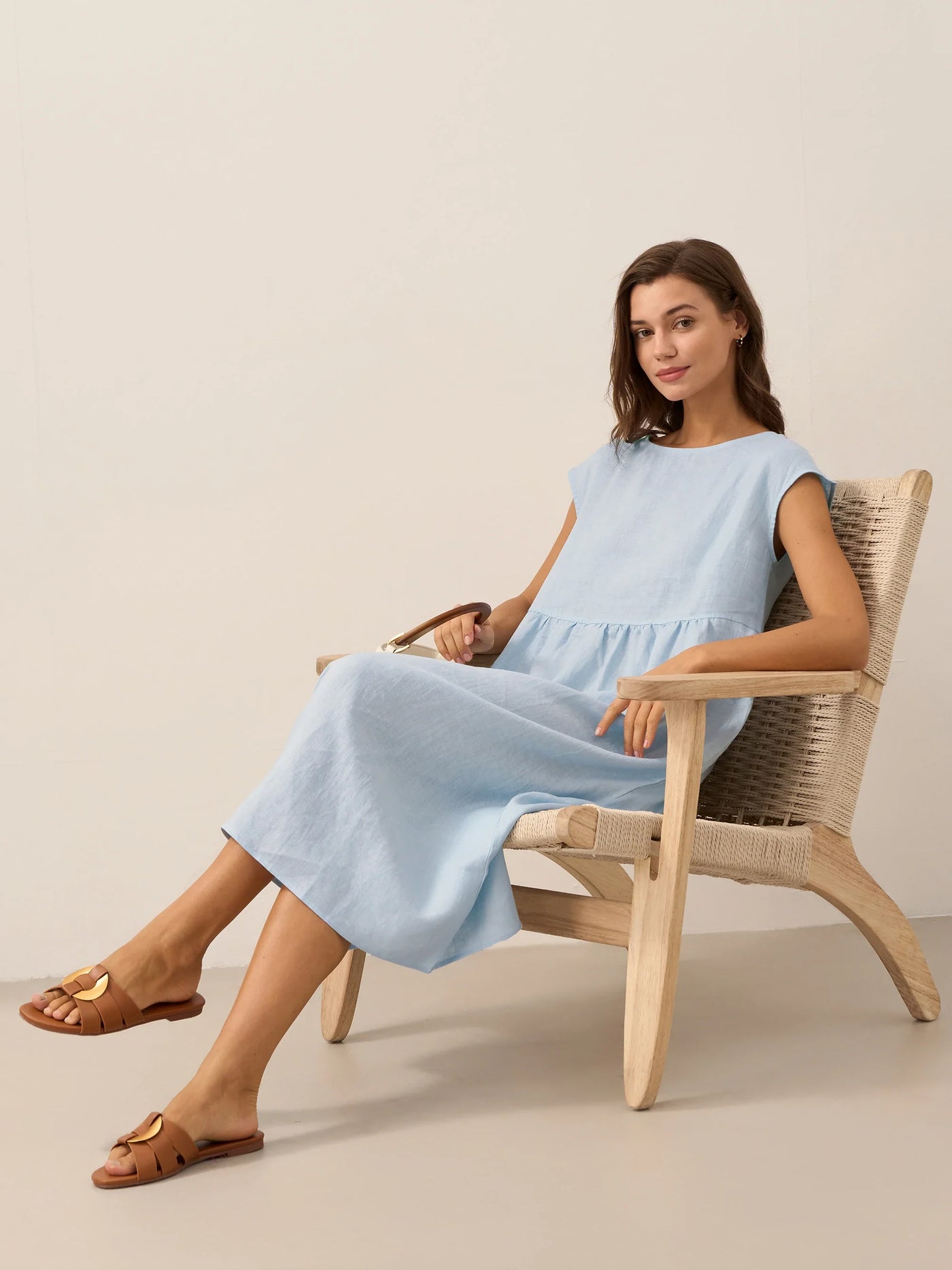 100% Linen Cap Sleeve Washed Maxi Dress JOAN