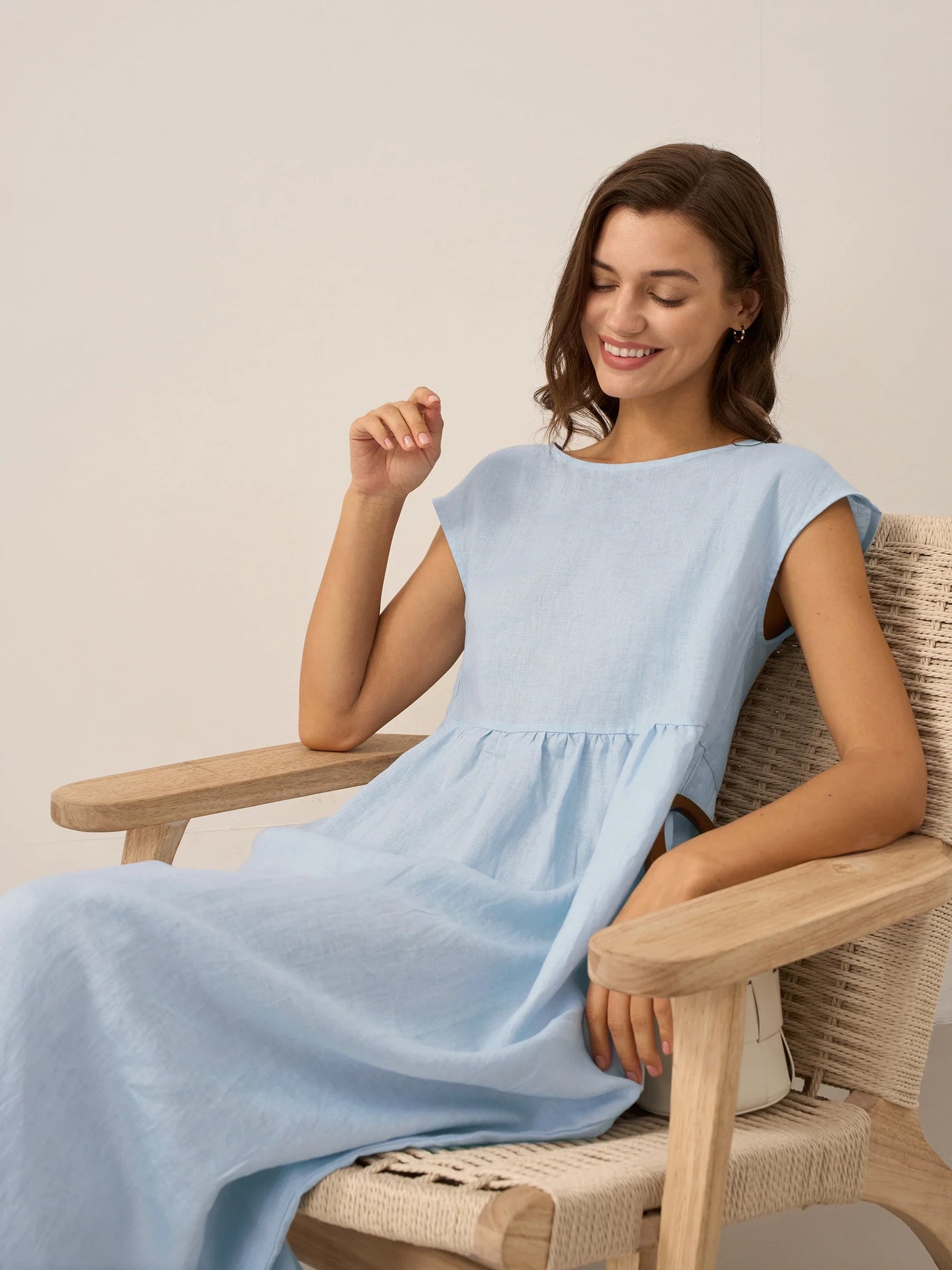 100% Linen Cap Sleeve Washed Maxi Dress JOAN