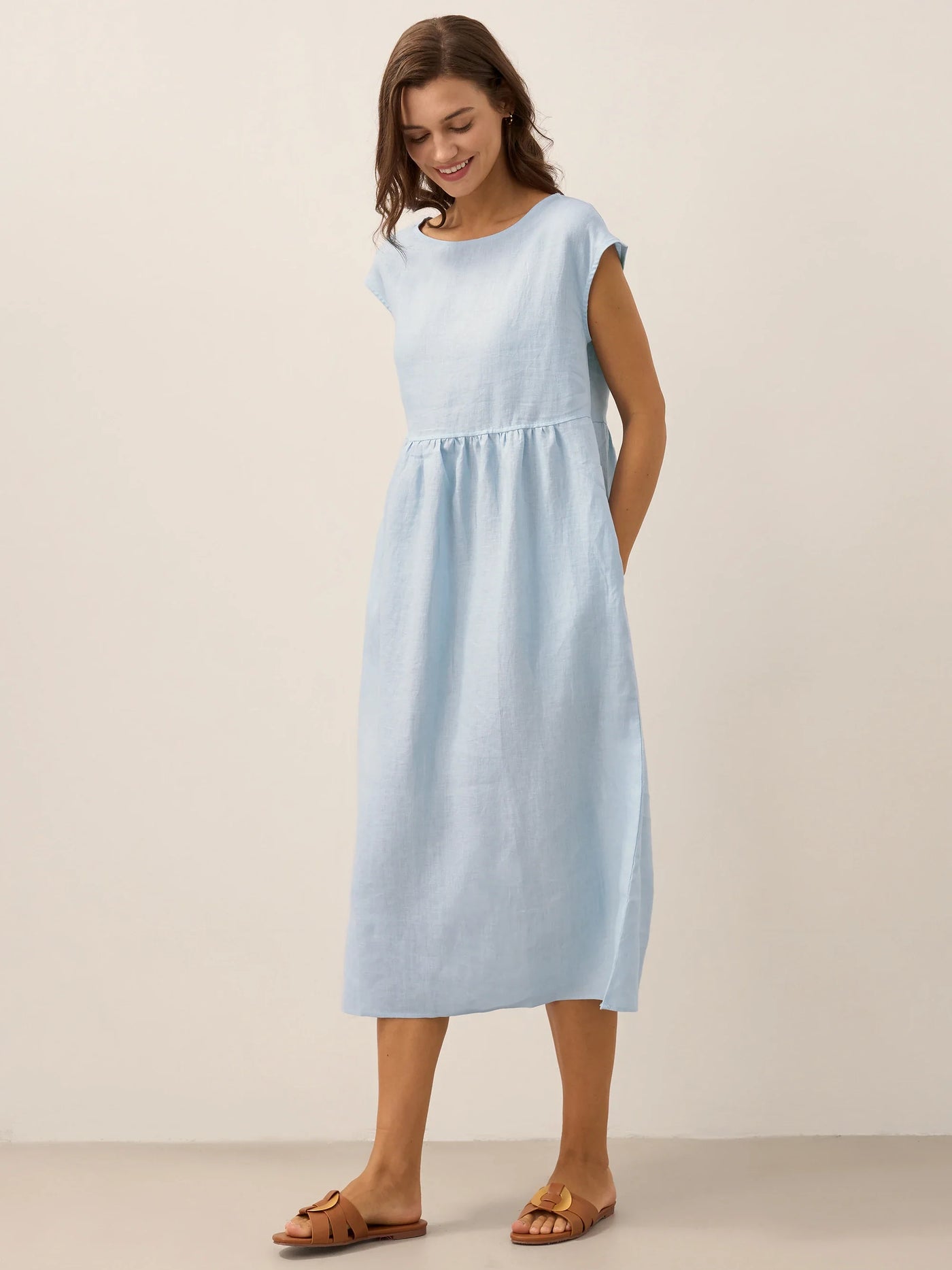 100% Linen Cap Sleeve Washed Maxi Dress JOAN