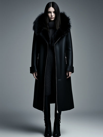 Women Fur Trim Warm Lined Hooded Faux Leather Trench Coat