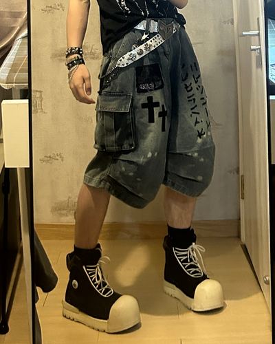 Gothic Washed Denim Shorts with Chains