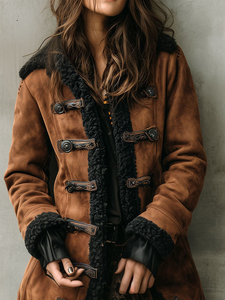 Retro Brown Shearling Lining Microsuede Overcoat