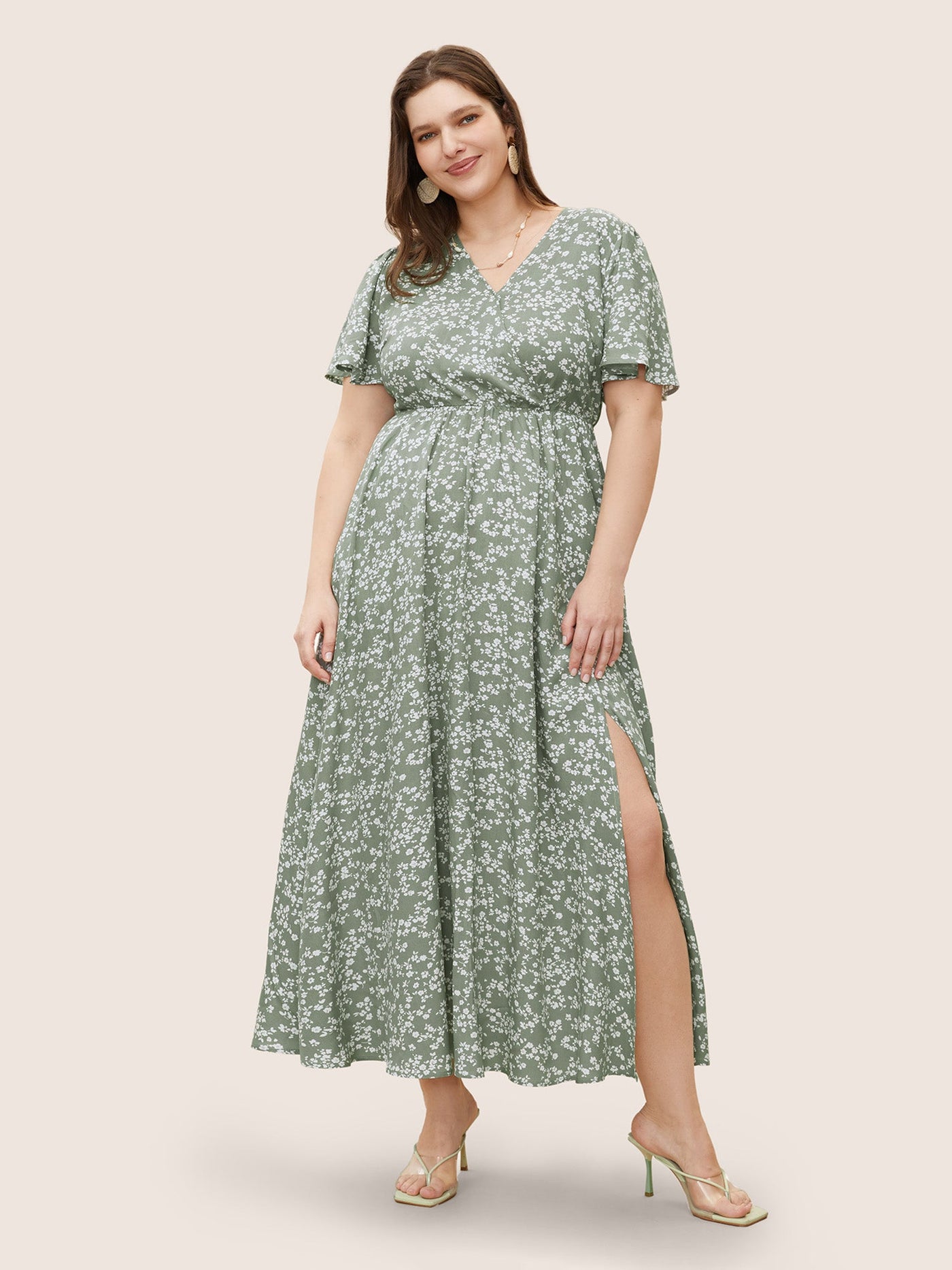 Bloom Dress - Flutter Sleeve Ditsy Floral Pocket Split Maxi Dress