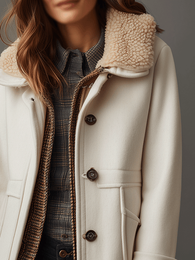 Casual Cream Faux Wool Blend Fur Collar Pocket Coat