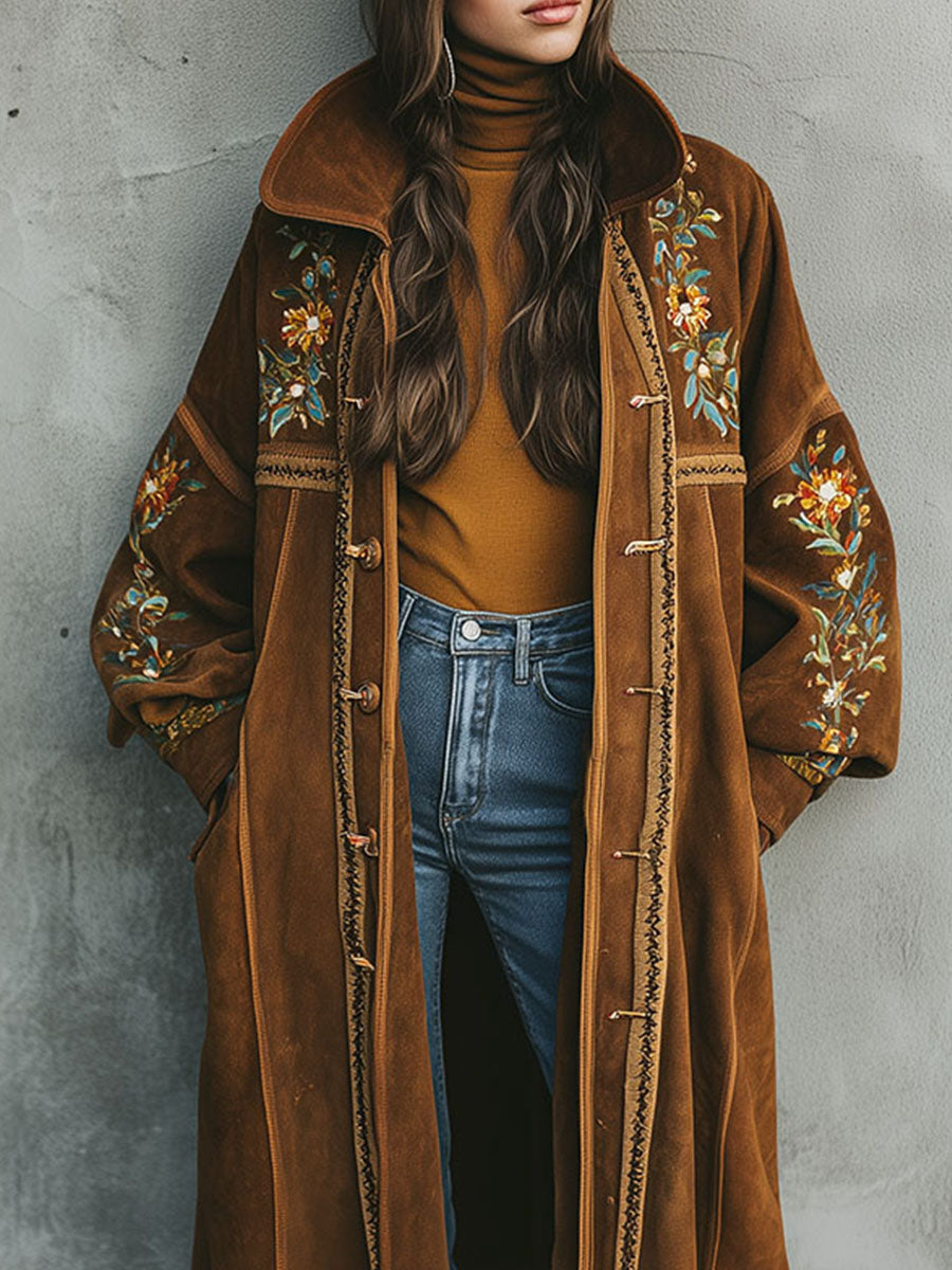 Boho Floral Embroidery Wide Collar Microsuede Long Coat