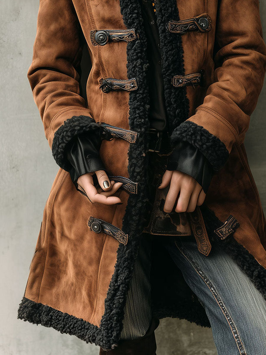 Retro Brown Shearling Lining Microsuede Overcoat