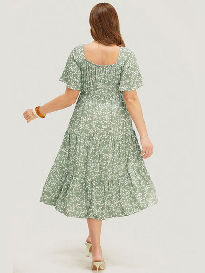Ditsy Floral Sweetheart Drawstring Pocket Tiered Dress