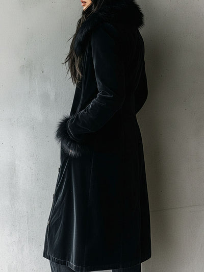Elegant Tailoring Long Black Velvet Coat With Eco Fur Collar & Cuffs