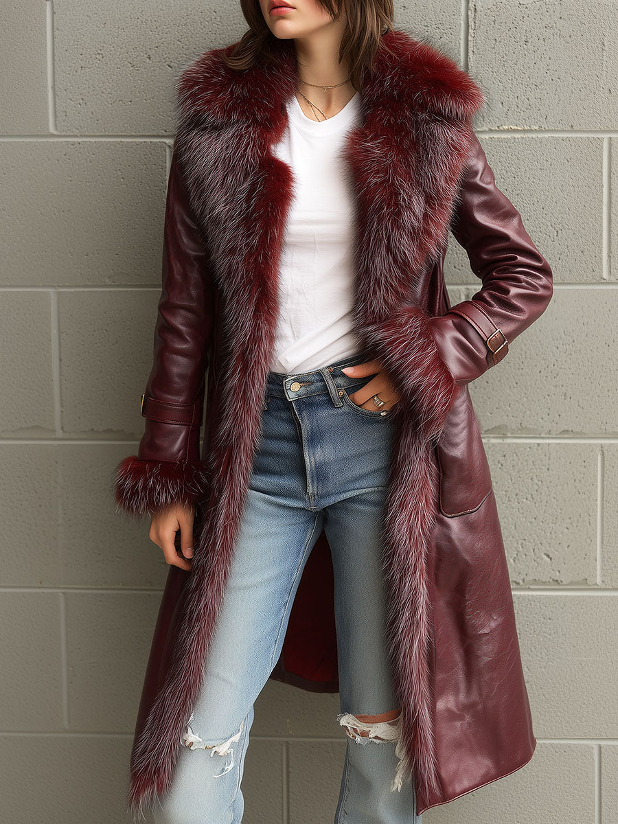 Vintage Burgundy Eco Leather Trench Coat  With Eco Fur Collar & Cuffs