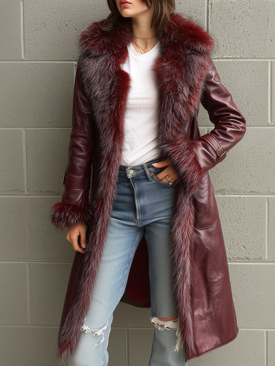 Vintage Burgundy Eco Leather Trench Coat  With Eco Fur Collar & Cuffs
