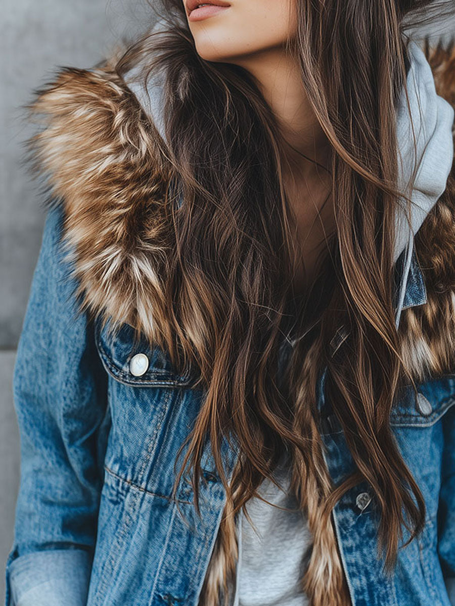 Casual Eco Fur Trimmed & Fleece Lining Denim Hooded Jacket