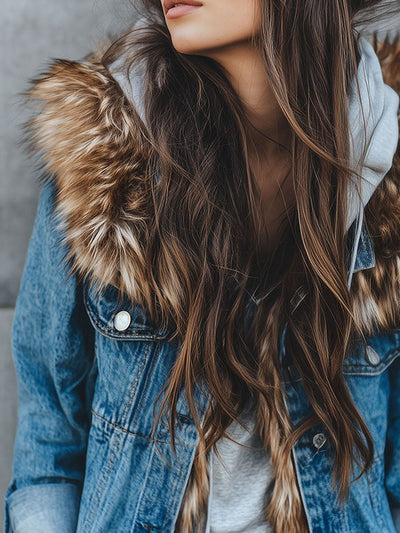 Casual Eco Fur Trimmed & Fleece Lining Denim Hooded Jacket