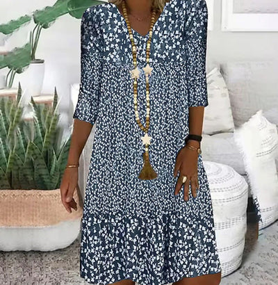 Fashion Printed Women Mid Sleeve V-Neck Dresses