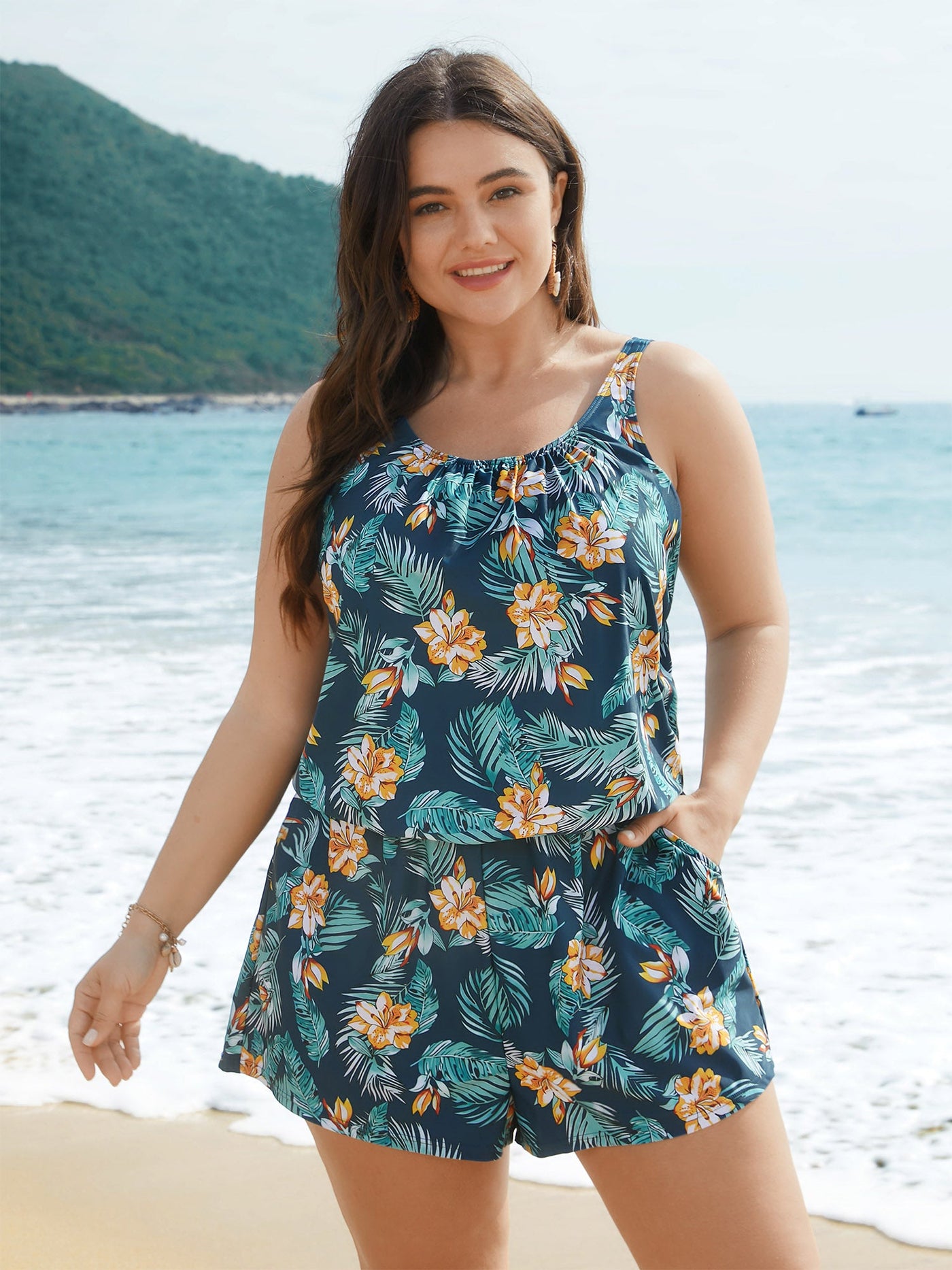 Tropical Flower Print Pockets One-Piece Swimsuit