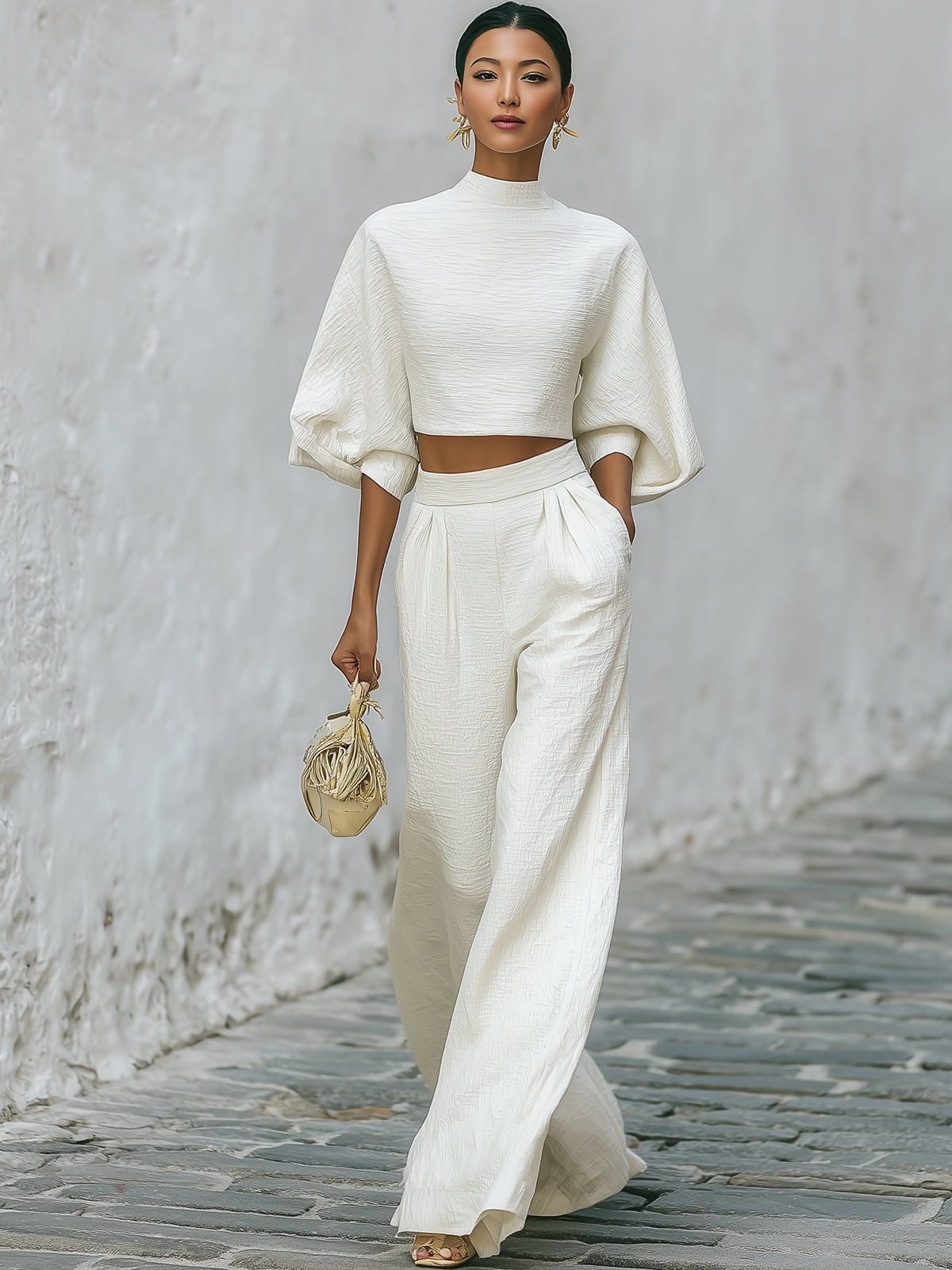 Creamy White Textured Lantern Sleeve Set