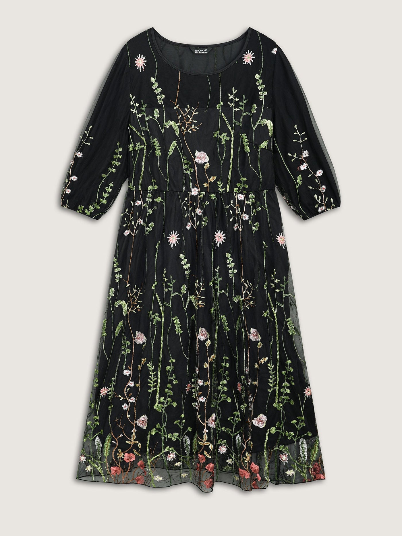 Floral Embroidered Elastic Waist Lined Midi Dress