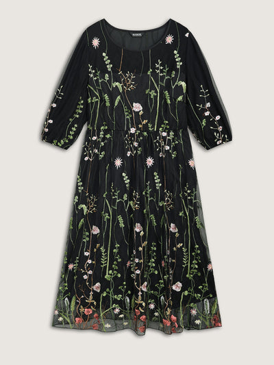 Floral Embroidered Elastic Waist Lined Midi Dress