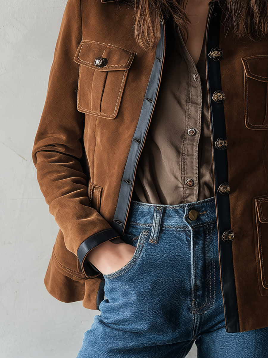 Retro Military Style Contrast Color Eco-friendly Leather Trim Suede Coat