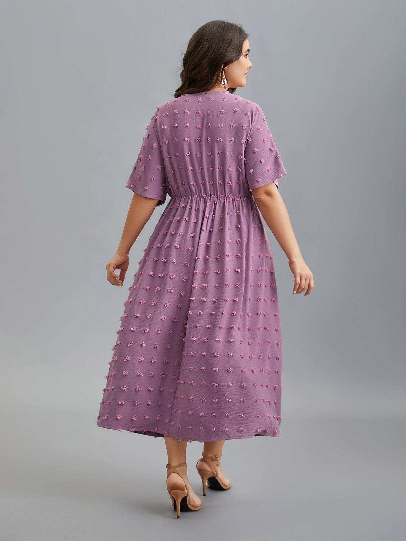 V-Neck Textured Batwing Sleeve Midi Dress