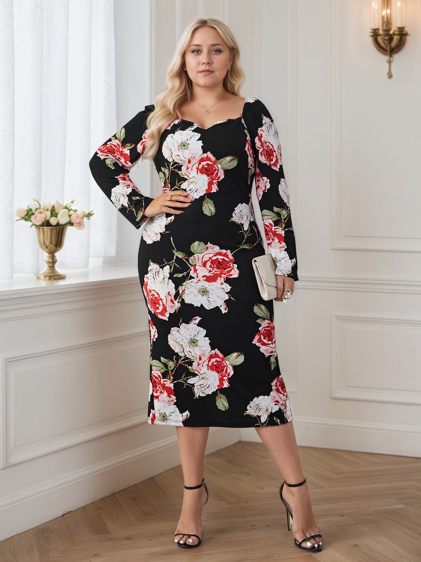 Floral Long Sleeves Plus Size Dress