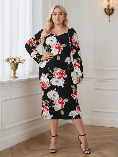 Floral Long Sleeves Plus Size Dress