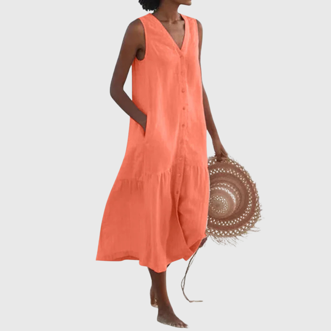 Cavell™ – Sleeveless Summer Dress Featuring Button Closure